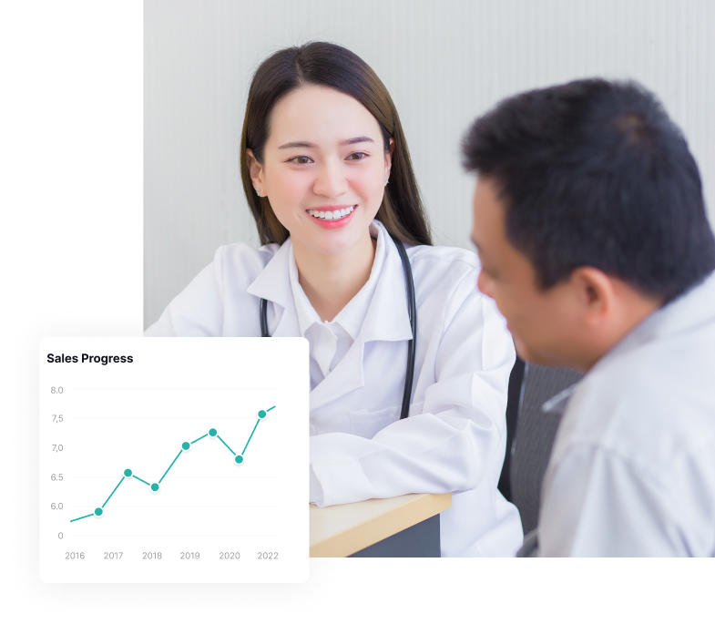 Patient Engagement Experience 7 Smiling female doctor engaging with patient alongside healthcare analytics graph showing progress over time.