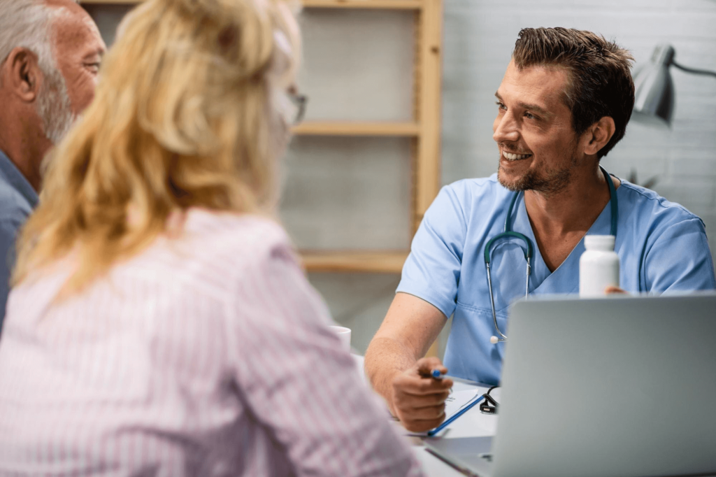 DeepForrest healthcare expert offering advice and listening to patient concerns in a clinic setting
