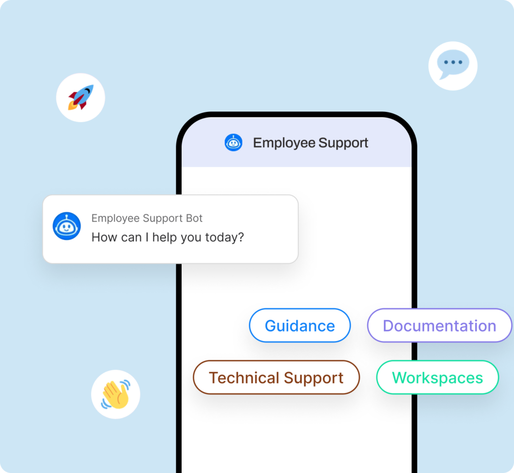 Claims Processing and Automation 18 AI-powered employee support chatbot offering technical help, documentation, and workspace guidance on a mobile interface.