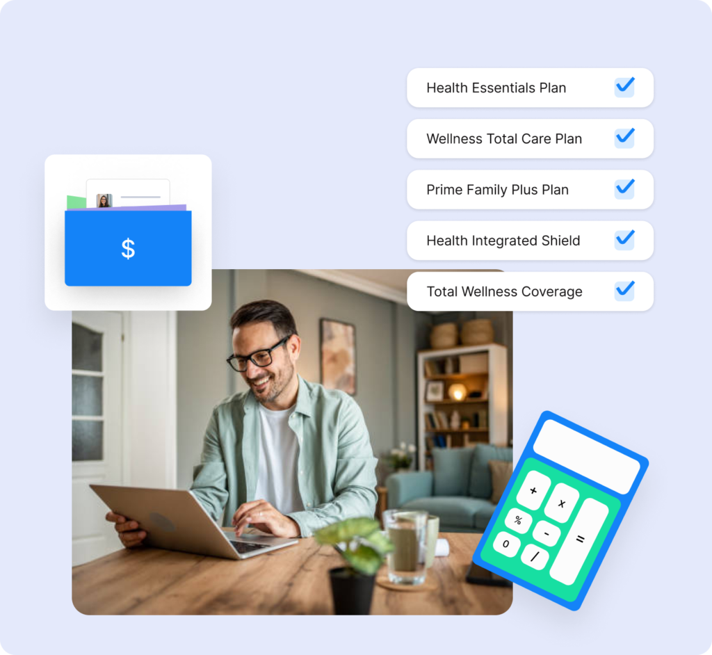 Claims Processing and Automation 15 Insurance agent reviewing health benefit plans on a laptop with checklist and cost analysis icons.