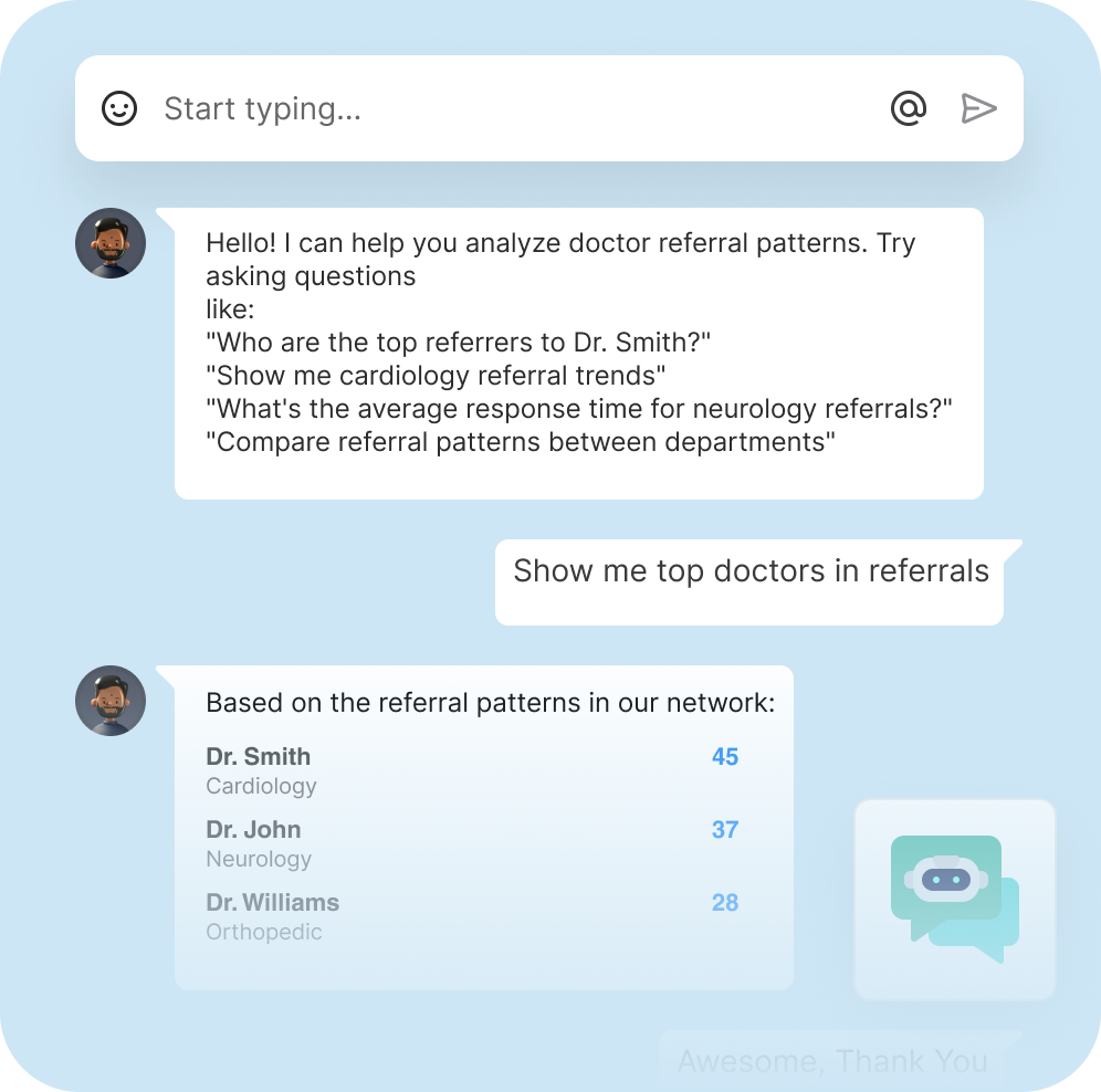 Patient Retention & Referral Management 10 AI chatbot analyzing doctor referral patterns and displaying top doctors by specialty based on referral network data