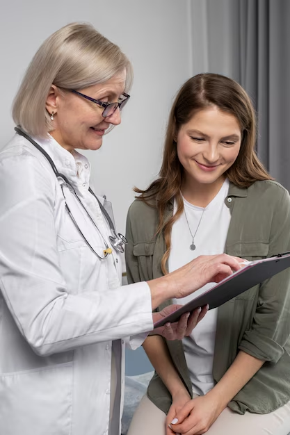 Pharmacovigilance & Safety Monitoring 3 Doctor explaining pharmacovigilance insights to a patient using AI-powered literature search data on a digital report.