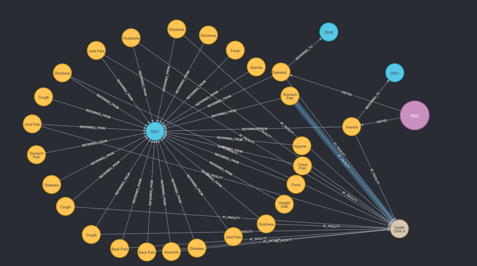Patient Retention & Referral Management 11 Visual referral graph mapping patient symptoms, doctor interactions, and clinic visits to uncover care pathways and referral patterns